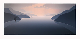 Reach - serigraph of a Pacific fjord, cloudburst, and great blue heron